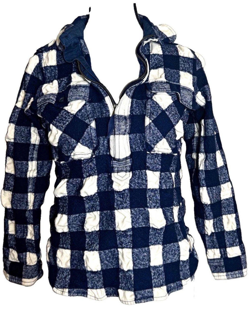 J.Crew Quarter Zip Pullover Top Flannel Blue Cream Buffalo Plaid Small Textured